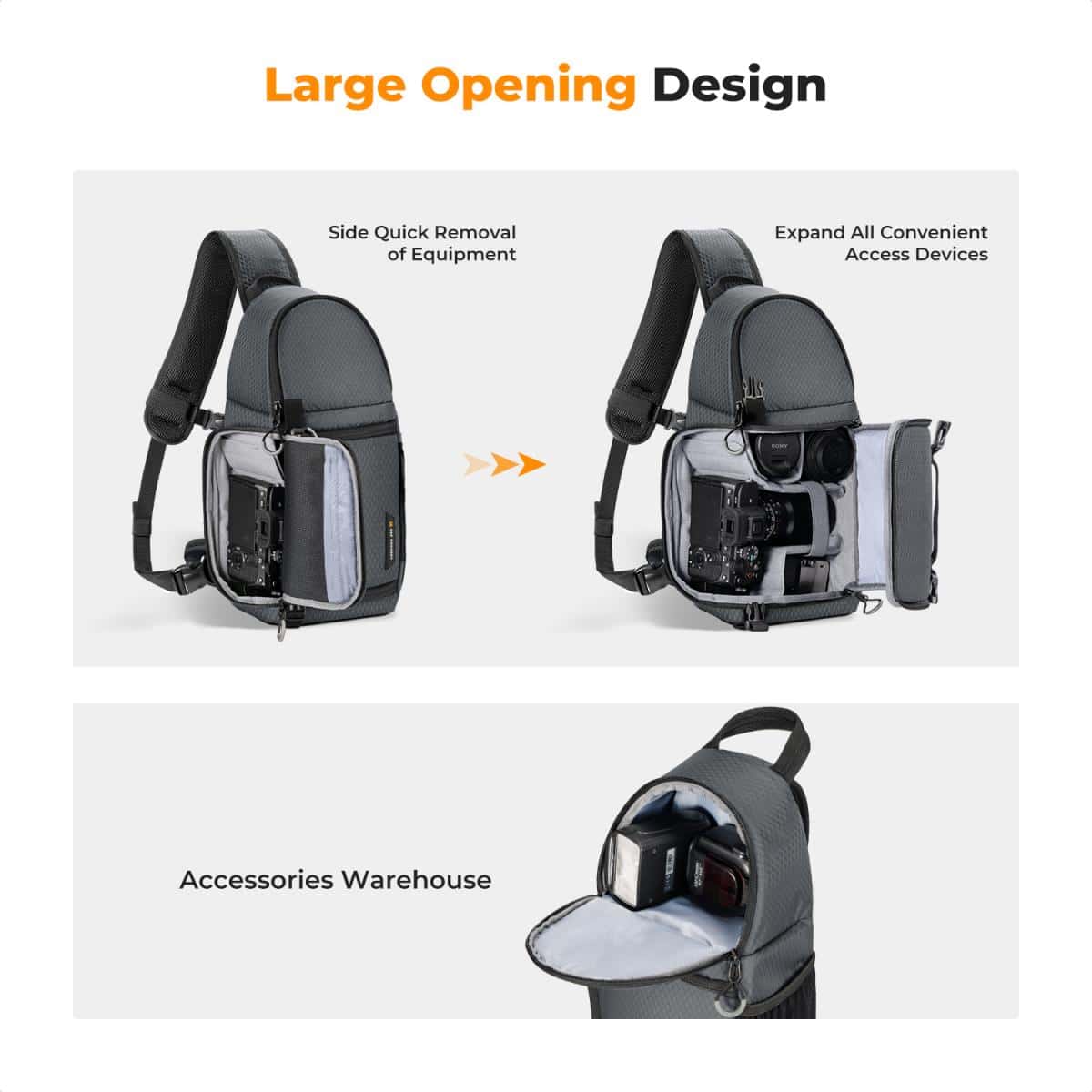 Dual opening design of the K&F Slim-Shooter sling bag highlighting front and side access to camera equipment.