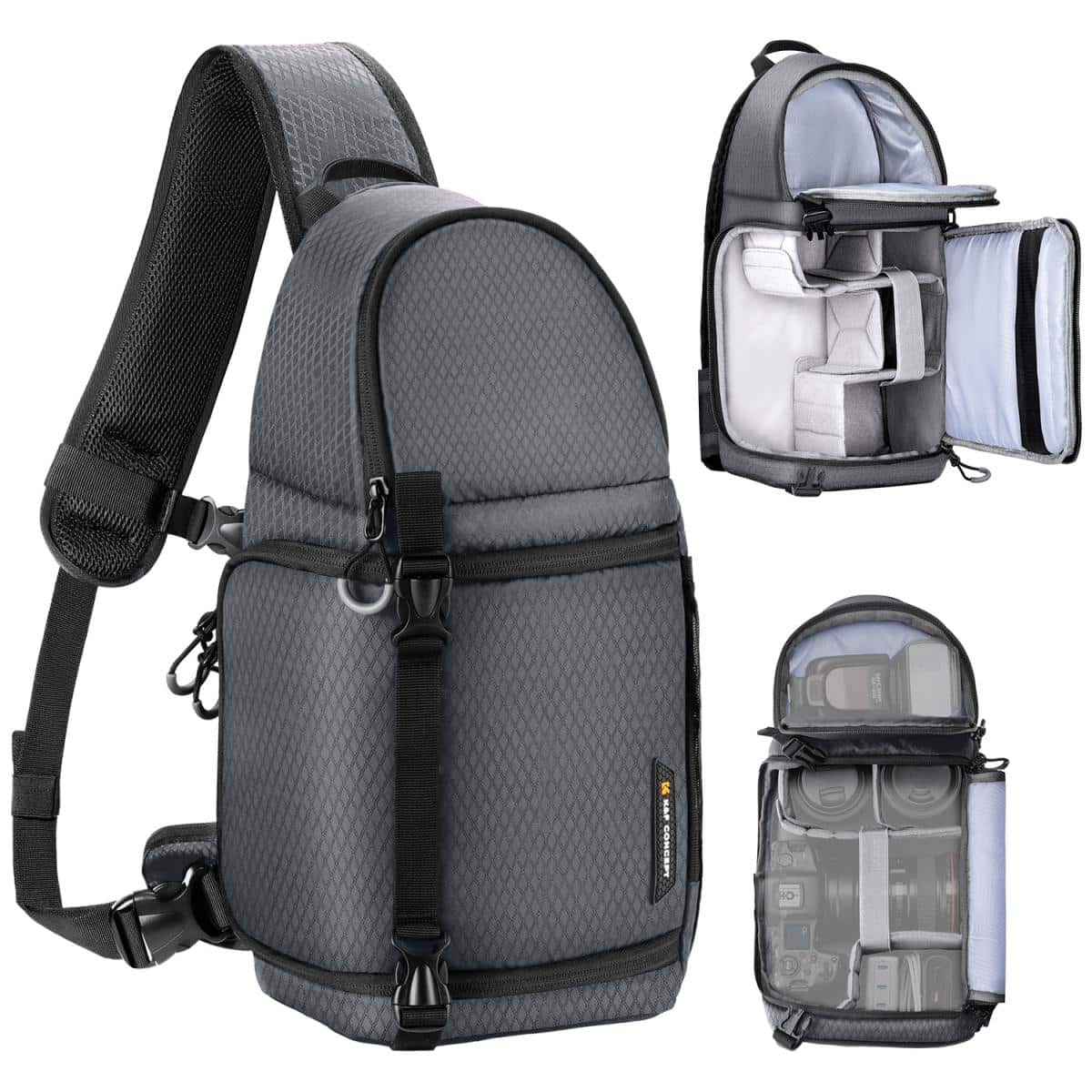 Interior view of the K&F Slim-Shooter camera sling bag with padded adjustable dividers for organised gear storage.