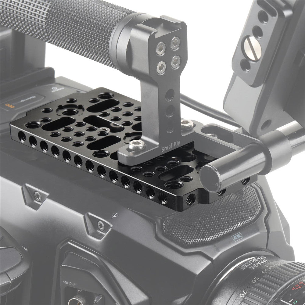 SmallRig cheese mount plate 1681 mounted on camera rig with top handle and rod support