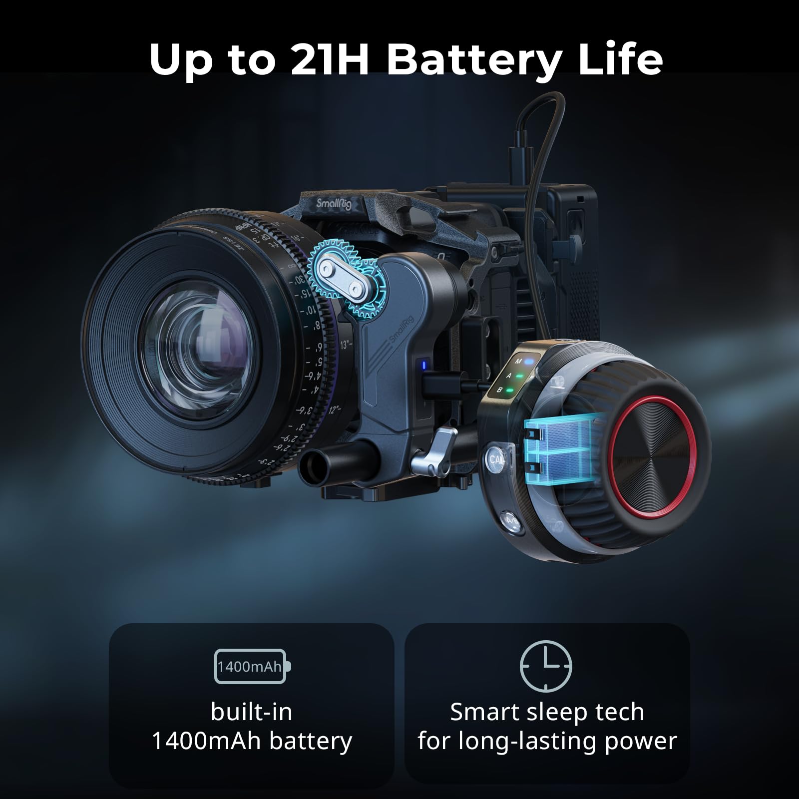 SmallRig wireless follow focus kit 4296B showing built-in battery and extended operating time