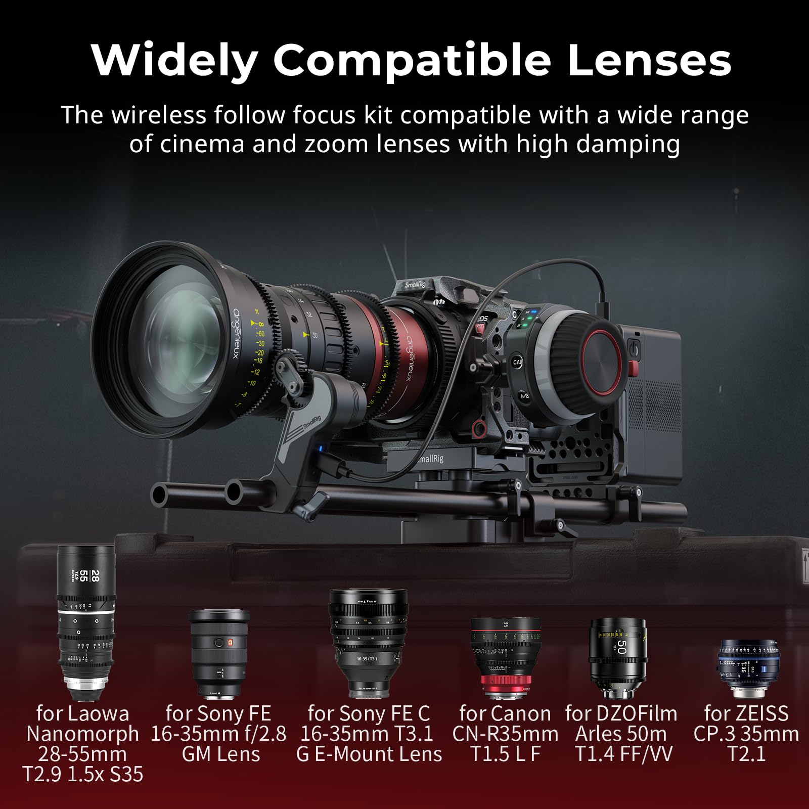 SmallRig wireless follow focus kit 4296B compatible with cinema and photo lenses on camera rig