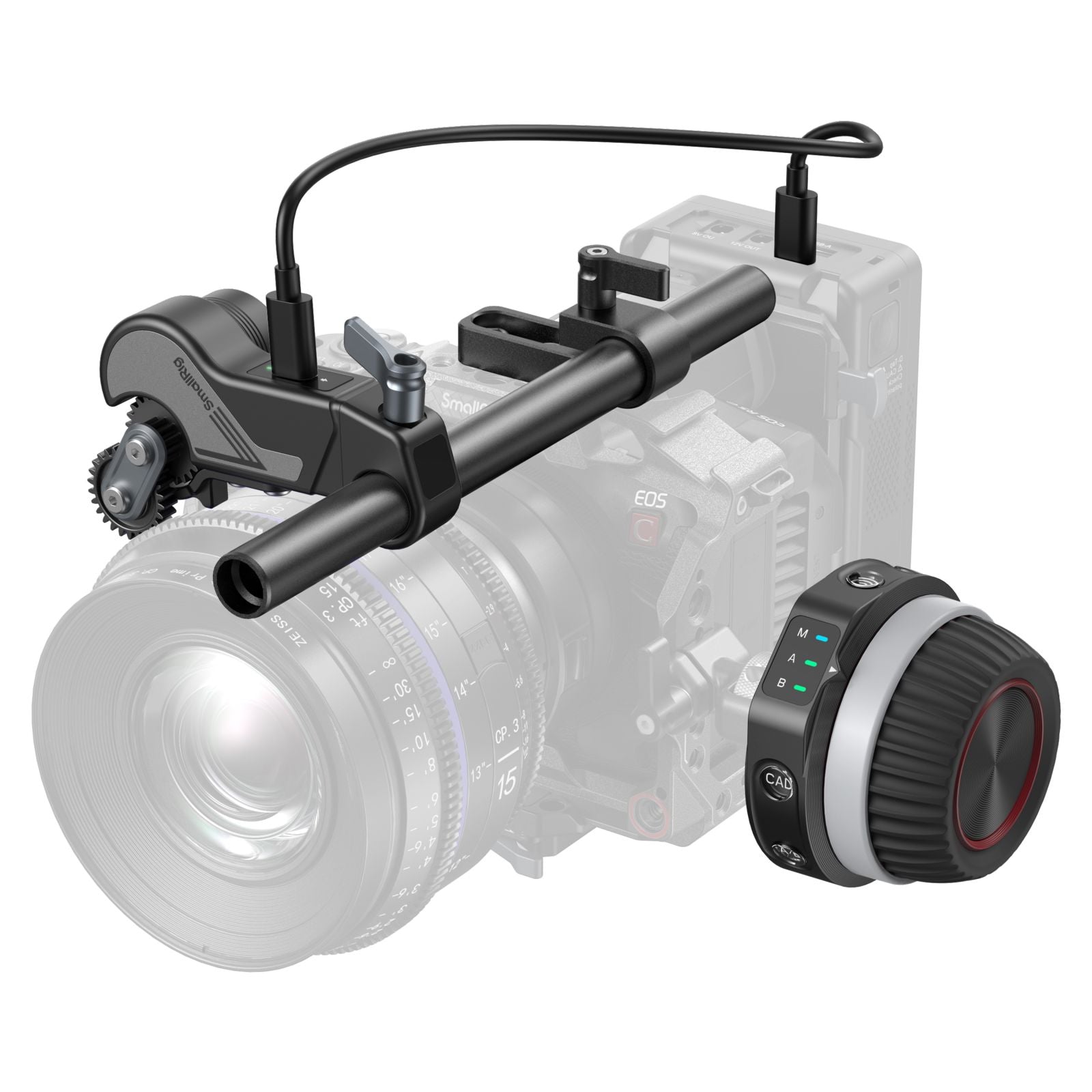 SmallRig wireless follow focus kit 4296B mounted on camera rig with focus motor and hand controller