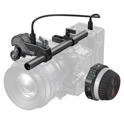 SmallRig wireless follow focus kit 4296B mounted on camera rig with focus motor and hand controller