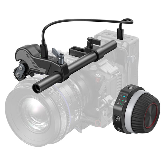 SmallRig wireless follow focus kit 4296B mounted on camera rig with focus motor and hand controller
