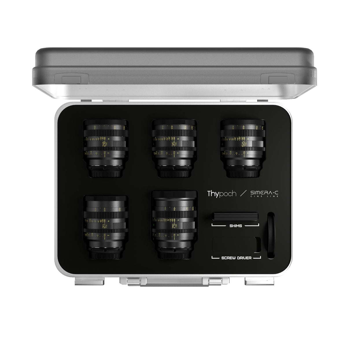 Thypoch Simera-C T1.5 cine prime 5-lens set (21, 28, 35, 50, 75mm) in open hard case